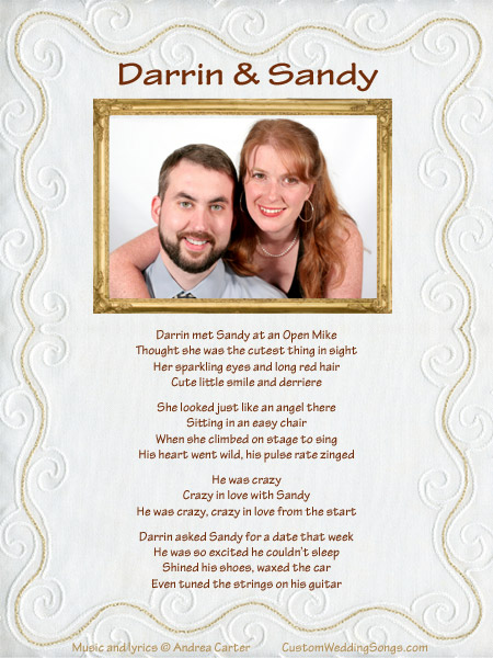 Lyric sheet with white and gold scroll, including lyrics